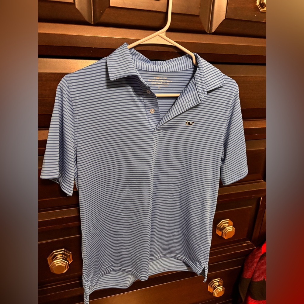 Youth XL Vineyard Vine Performance Blue Striped Polo Shirt